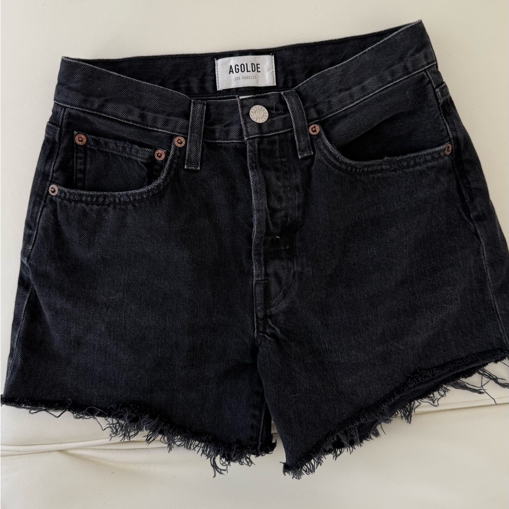Agolde Black Jean Shorts with Frayed Hem